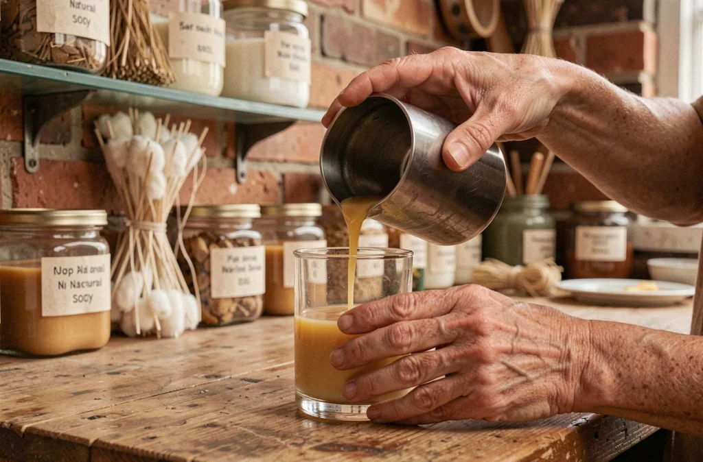 Artisane versant de la cire de soja fondue dans un contenant en verre lors de la fabrication artisanale de bougies naturelles
