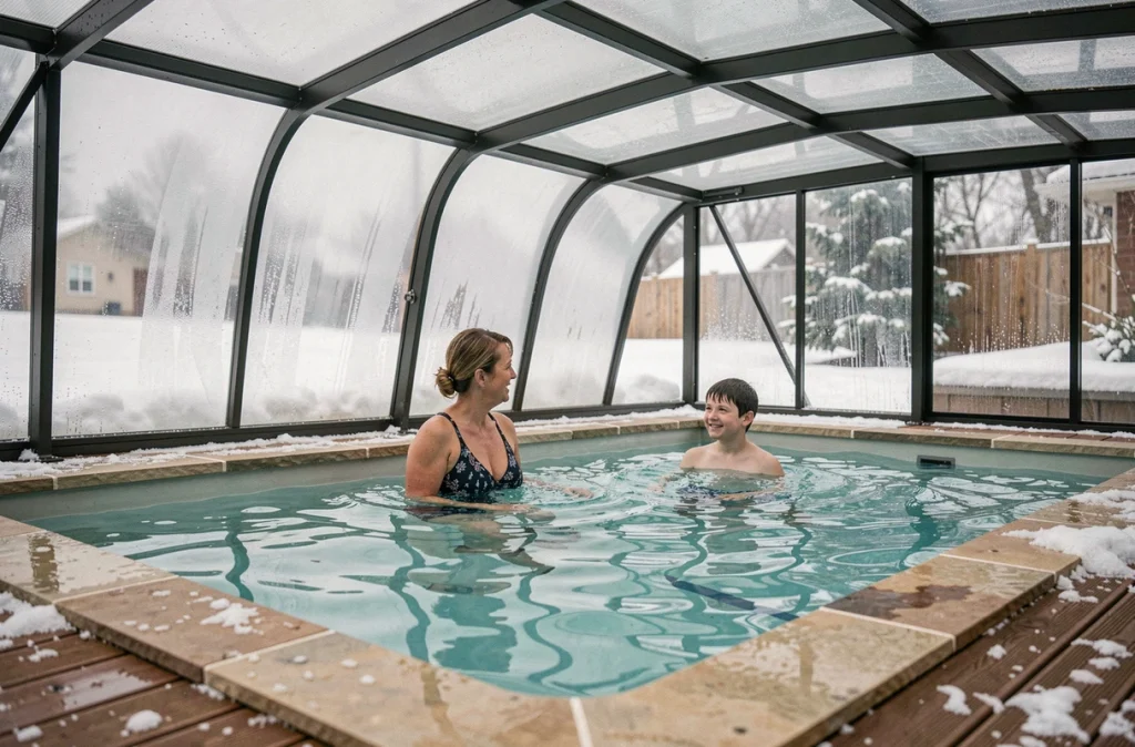 Famille profitant d'une piscine couverte par un abri télescopique fermé en hiver sous la neige