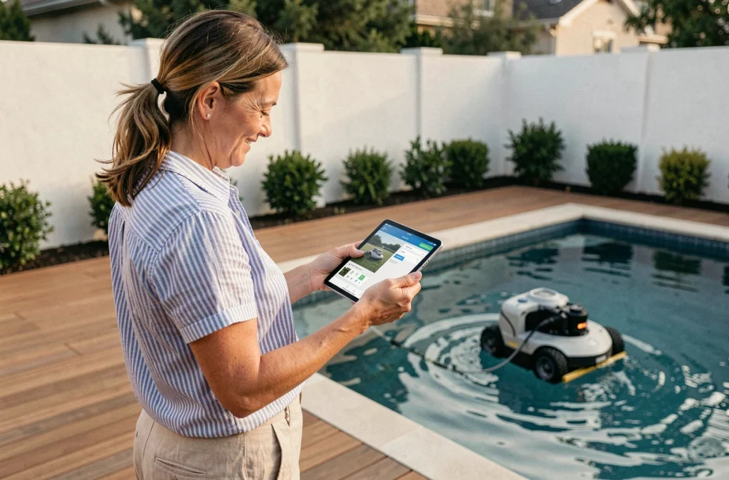 Femme consultant une application de gestion de piscine sur tablette pendant que le robot hydraulique nettoie le bassin familial en arrière-plan