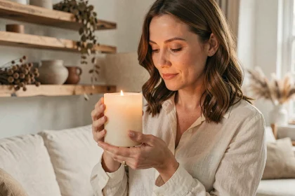 Femme tenant une bougie naturelle en cire d'abeille dans un salon scandinave épuré et chaleureux