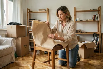 Femme emballant une chaise en bois pour la donner avant un déménagement dans un appartement encombré de cartons