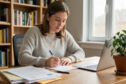 Femme remplissant un formulaire de changement d'adresse à son bureau à domicile avec des documents administratifs