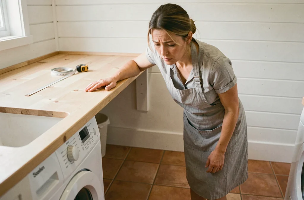 Femme inspectant une niche sous plan de travail trop basse pour recevoir une machine à laver