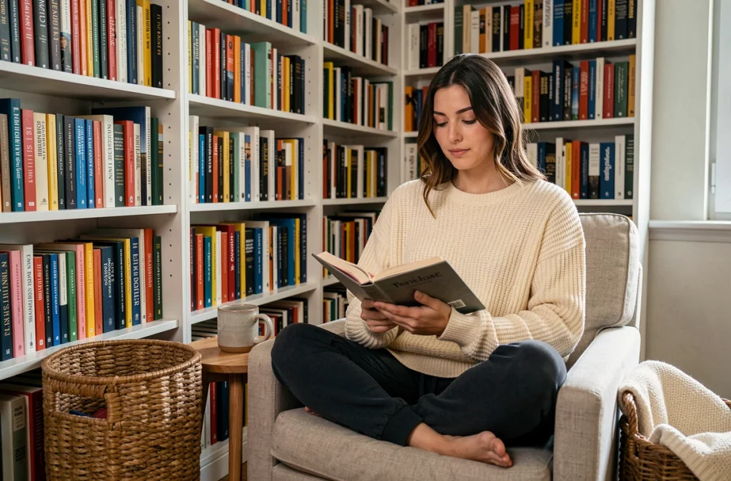 Jeune femme lisant dans un fauteuil confortable dans un petit appartement avec bibliothèque remplie de livres colorés