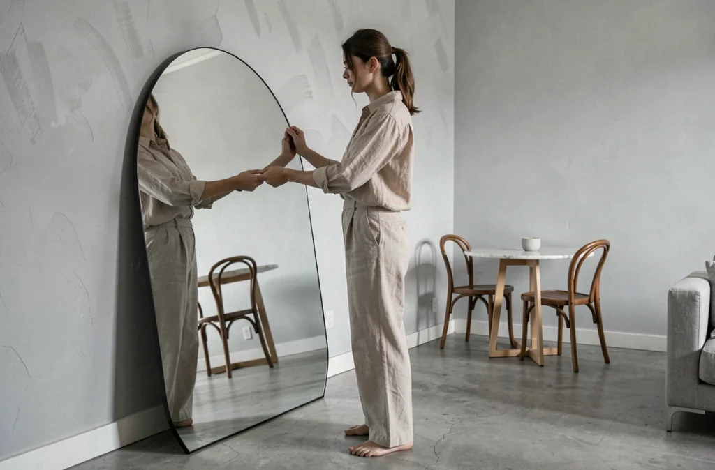 Femme ajustant un miroir rond arqué dans un petit appartement moderne pour agrandir visuellement la pièce