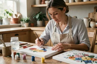 Femme peignant un tableau numéroté fait maison, assise à une table en bois avec des pots de peinture colorés et un pinceau fin