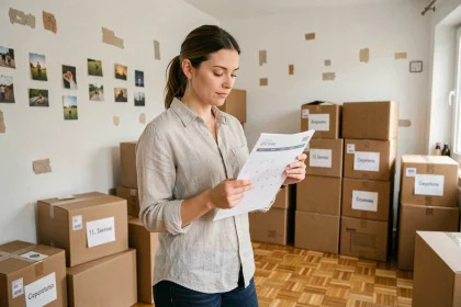 Femme planifiant son déménagement avec un calendrier dans un appartement à moitié emballé