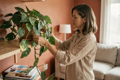 Femme arrangeant une plante dépolluante pothos sur une étagère en bois dans un salon moderne aux murs terracotta