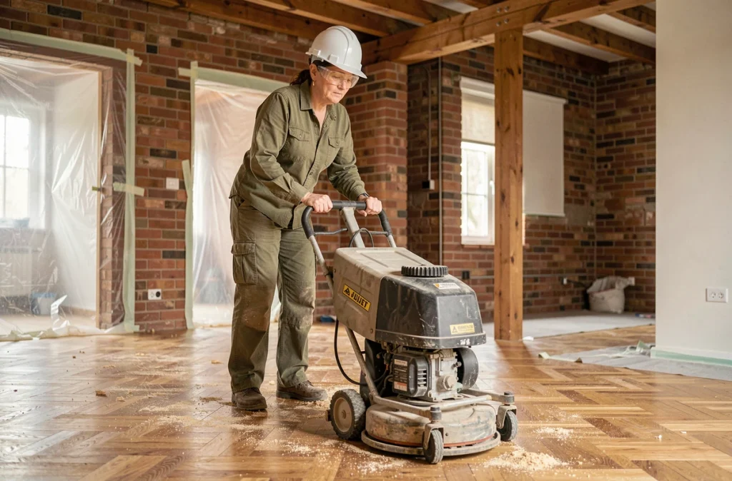 Femme utilisant une ponceuse de sol louée lors de travaux de rénovation intérieure de parquet
