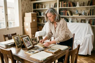 Femme triant des documents et photos de famille lors d'un débarras de succession dans une maison ancienne