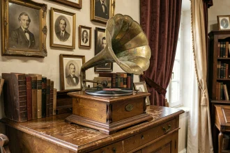 Gramophone ancien avec pavillon en laiton posé sur un buffet en chêne dans une boutique d'antiquités européenne