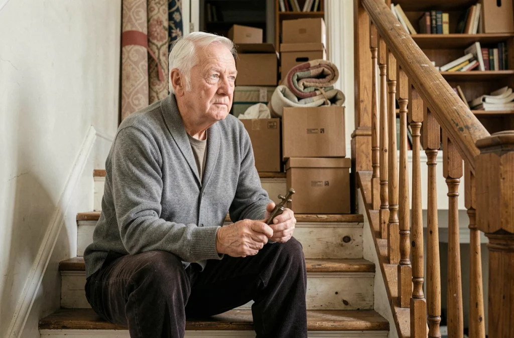 Homme âgé assis sur un escalier pensif tenant un objet lors d'un débarras de succession familiale
