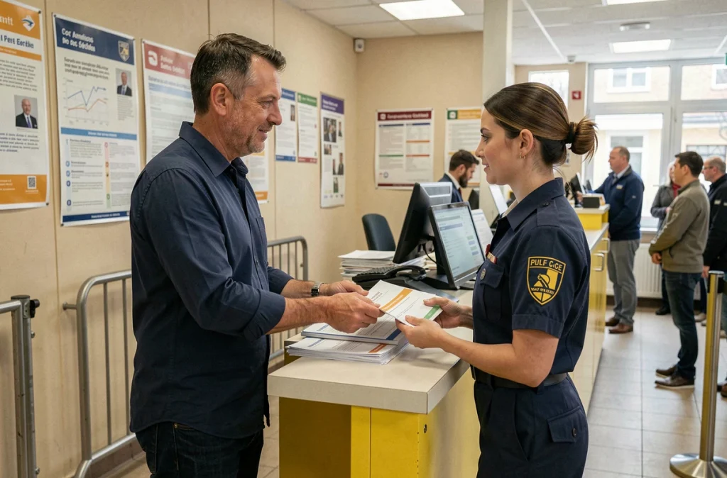 Homme déposant des formulaires de réexpédition du courrier au guichet d'un bureau de poste lors d'un déménagement