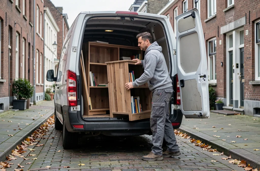 Homme chargeant une bibliothèque en bois dans un van blanc dans une rue pavée lors d'un déménagement