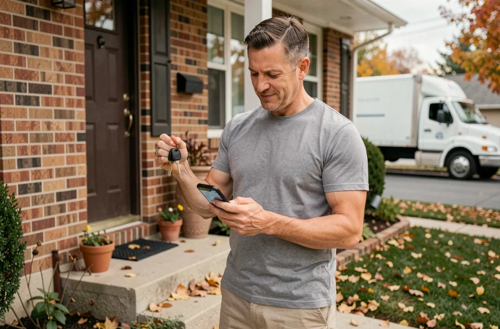 Homme tenant ses clés devant une maison avec un camion de déménagement garé en arrière-plan en automne