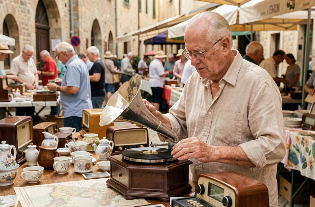 Un homme âgé examine attentivement un gramophone portable à un marché aux puces en France