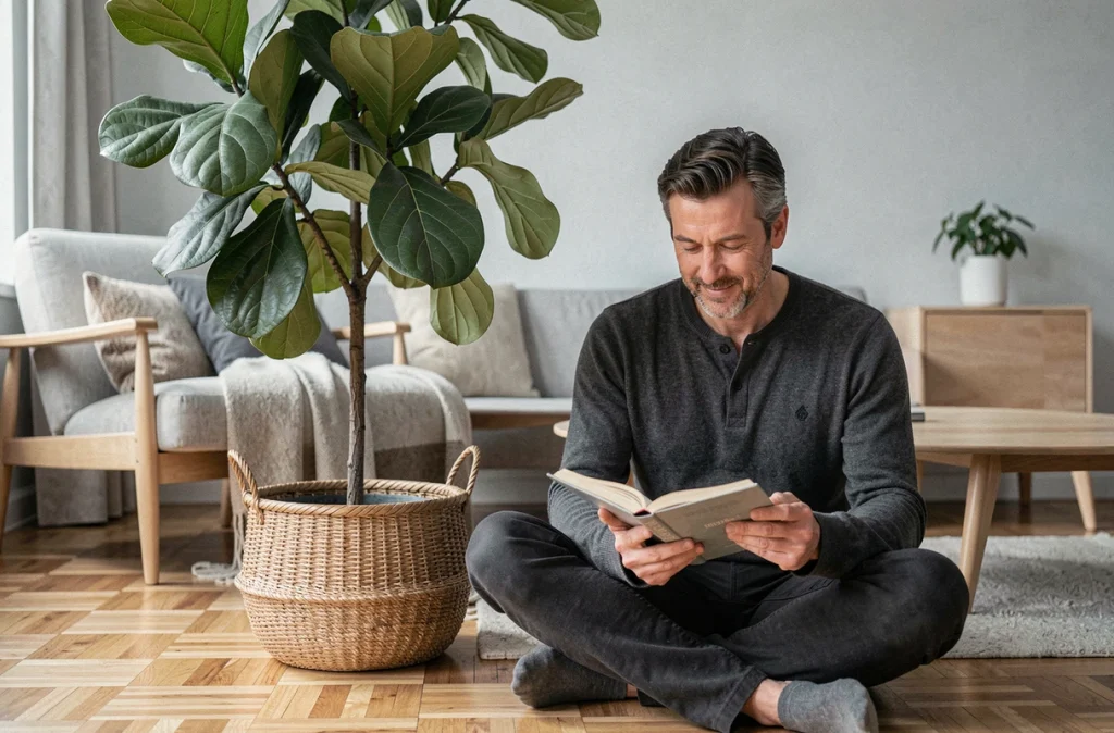 Homme lisant un livre assis près d'un grand ficus lyrata dans un salon de style scandinave avec parquet et meubles en bois clair