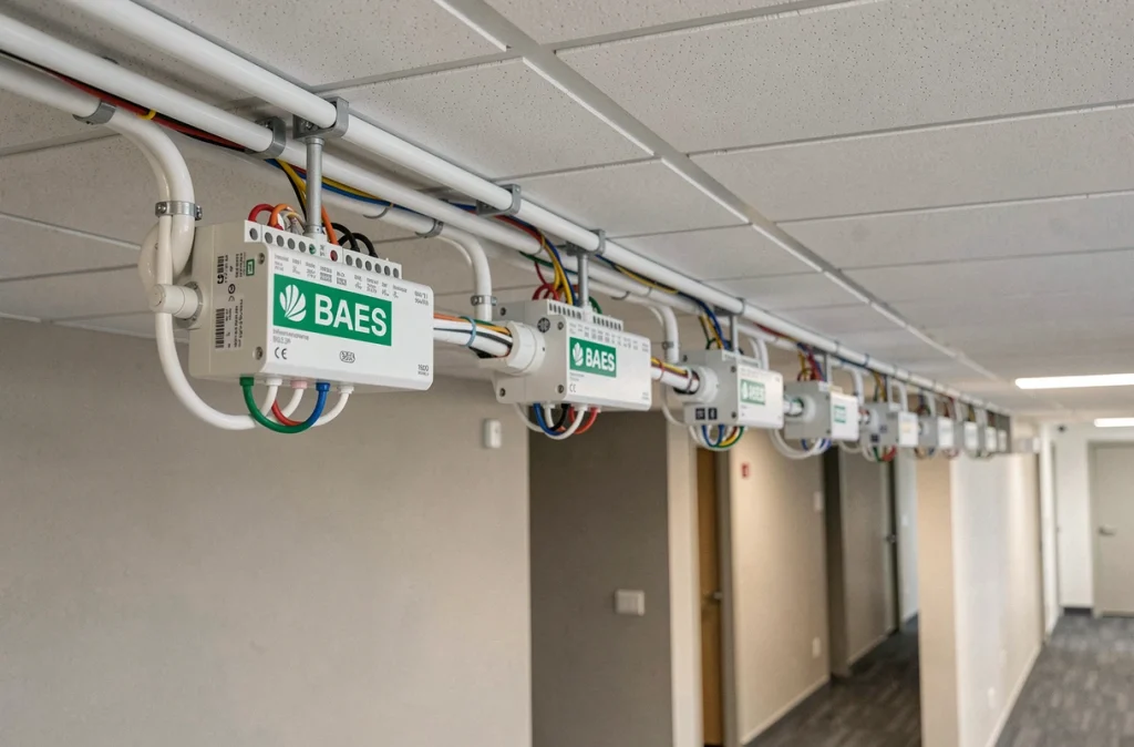 Rangée de BAES installés au plafond d'un couloir de bureau avec câblage ordonné visible dans les goulottes