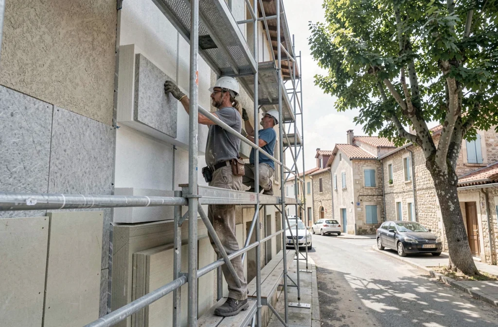 Ouvriers posant une isolation thermique extérieure sur une copropriété en Occitanie