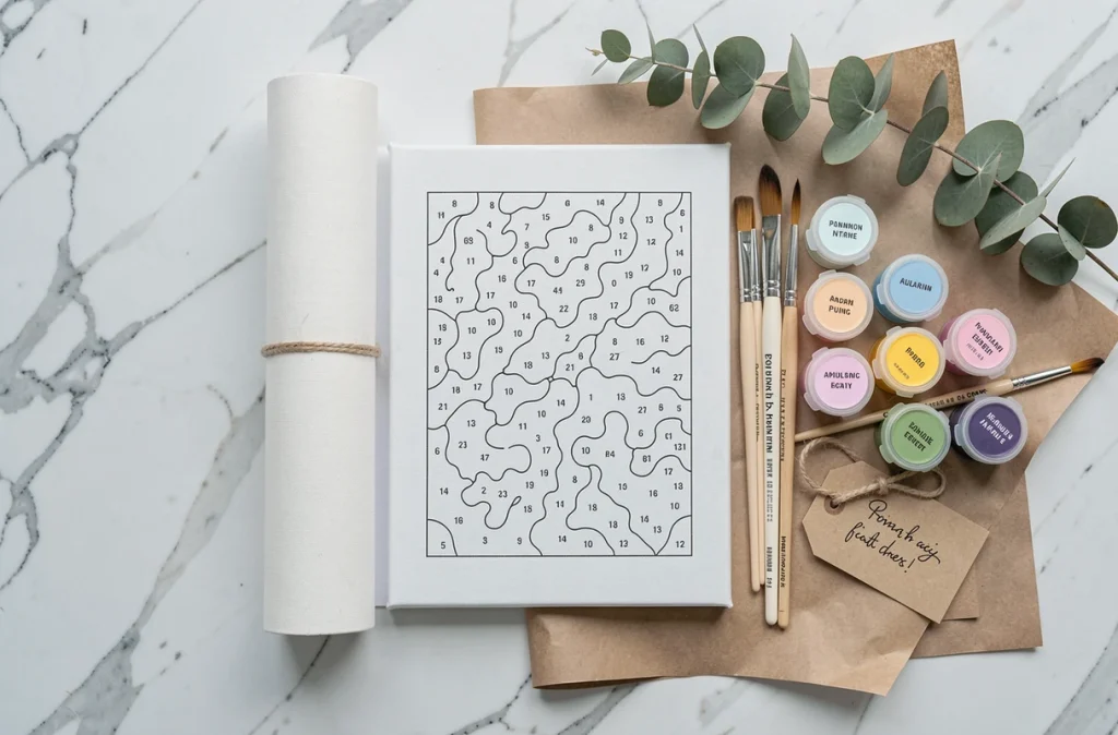 Flat lay d'un kit de peinture par numéros présenté comme cadeau DIY avec pinceaux, pots de peinture et étiquette kraft sur marbre blanc