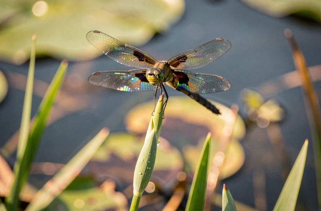 Libellule posée sur une tige d'iris au bord d'un bassin aquatique entouré de plantes