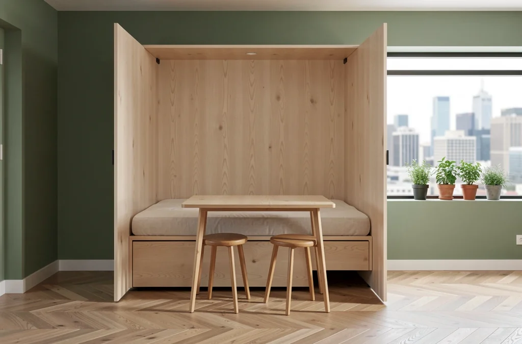 Lit escamotable Murphy intégré avec table repliable dans un studio urbain moderne, solution de mobilier multifonctionnel pour espace réduit