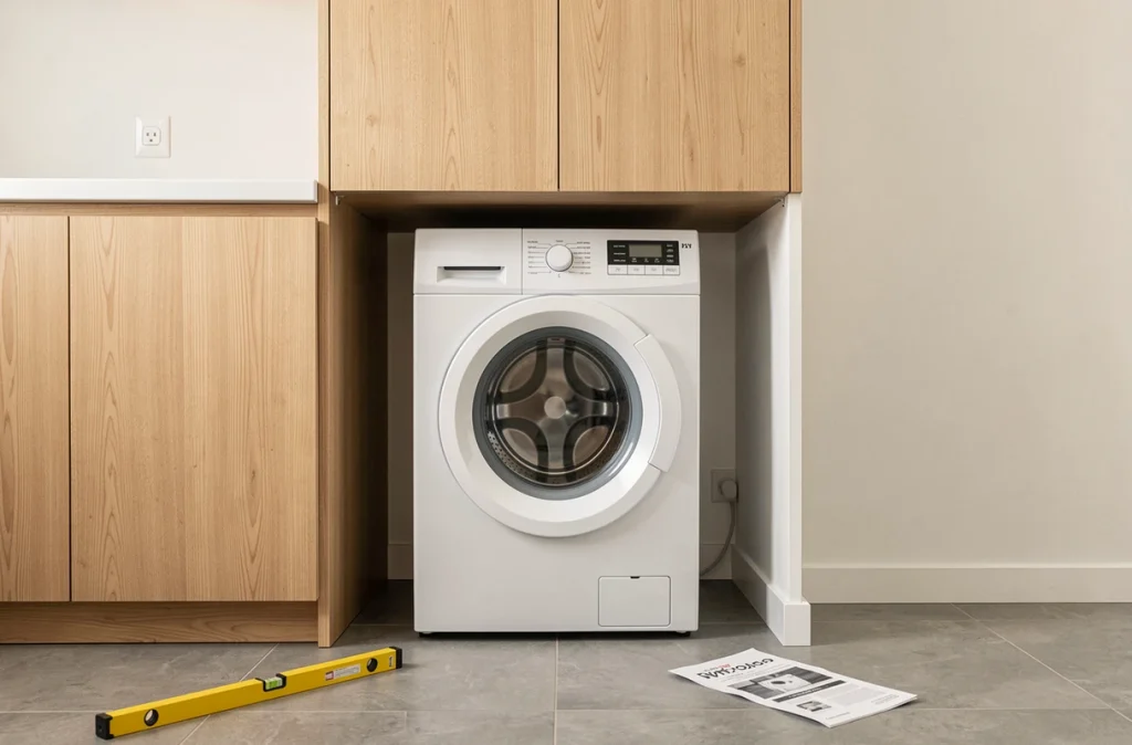 Machine à laver trop haute pour sa niche de meuble en bois dans un appartement moderne