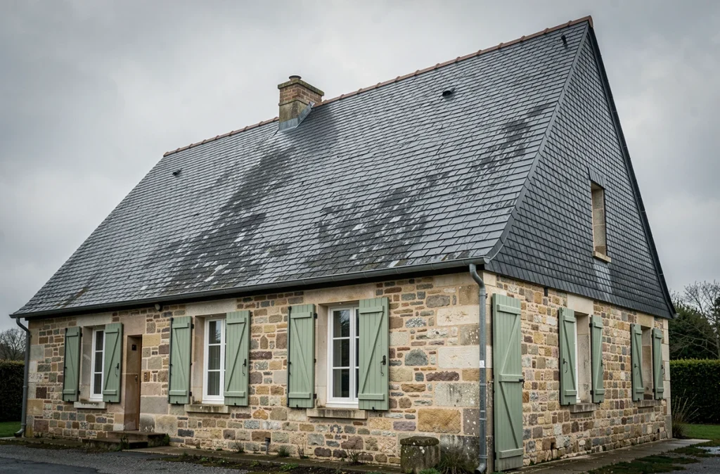 Maison de campagne française entièrement rénovée avec une toiture en ardoise naturelle sombre sur charpente traditionnelle