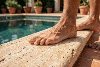 Margelle antidérapante en travertin autour d'une piscine avec pieds nus posés en sécurité sur le bord texturé
