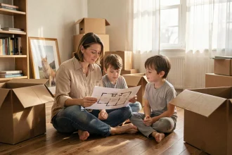 Mère et enfants assis par terre en train de regarder un plan de maison entourés de cartons de déménagement