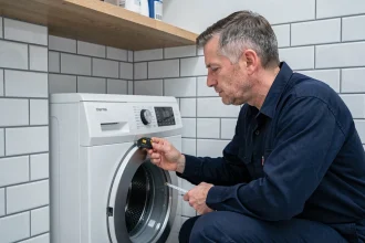 Plombier mesurant la hauteur d'une niche de machine à laver dans une buanderie carrelée