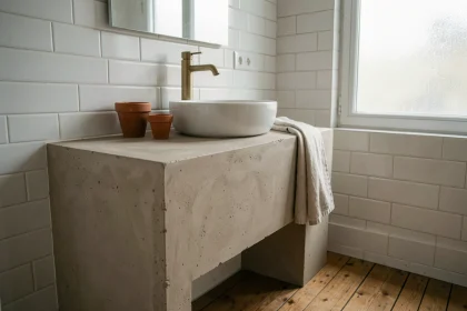 Meuble salle de bain en béton cellulaire avec finition enduit minéral mat et vasque en céramique dans une salle de bain moderne
