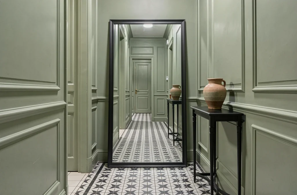 Couloir étroit d'appartement haussmannien agrandi par un miroir pleine longueur à cadre en métal sombre