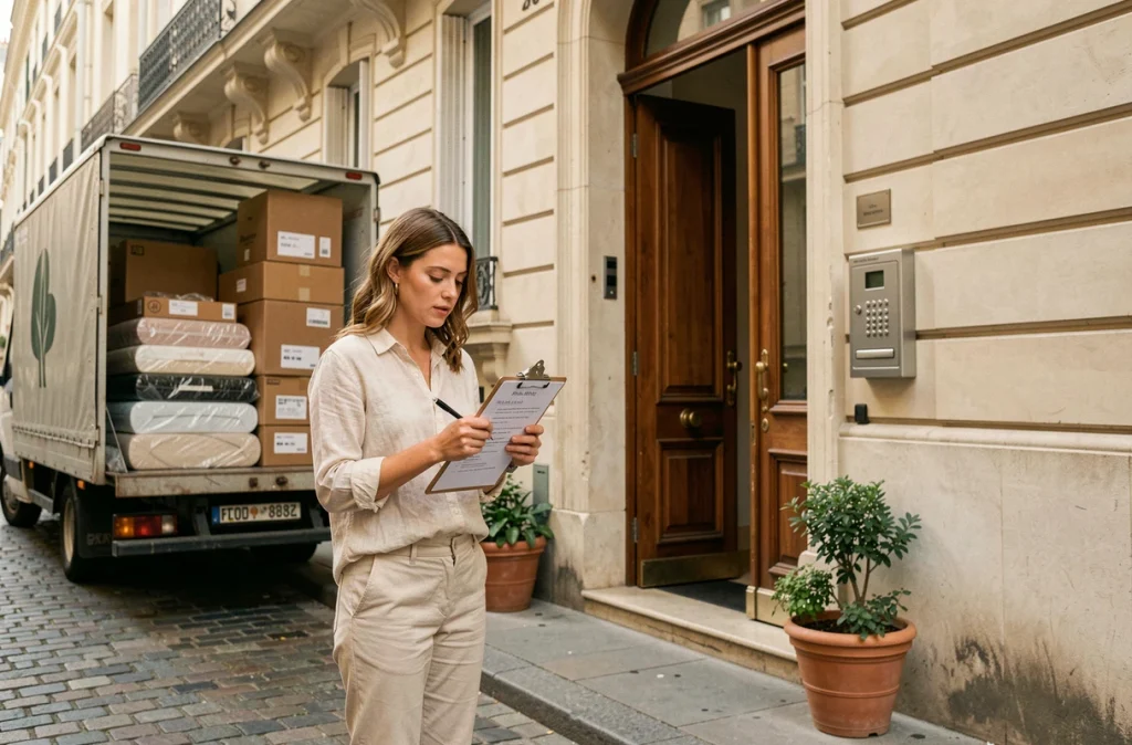 Femme consultant une liste de déménagement devant un immeuble haussmannien sans ascenseur