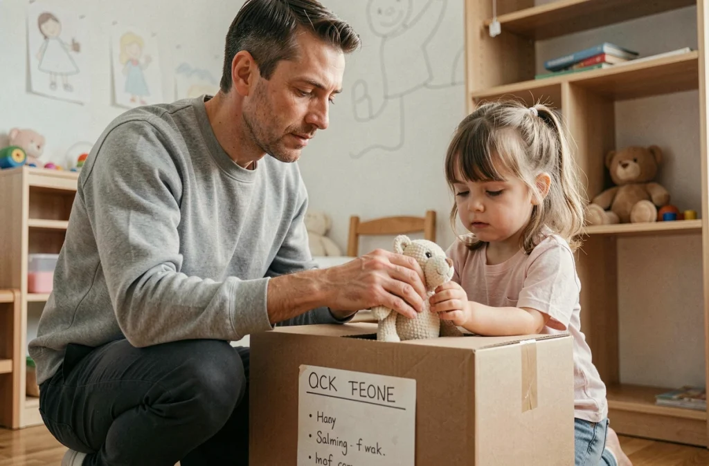 Père aidant sa fille à ranger ses jouets dans des cartons dans sa chambre avant un déménagement