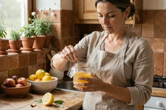 Femme préparant un piège à moucherons maison avec un bocal en verre et du vinaigre de cidre dans une cuisine rustique