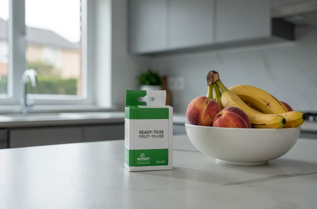 Piège à moucherons prêt à l'emploi posé sur un comptoir de cuisine moderne à côté d'une coupe de fruits mûrs