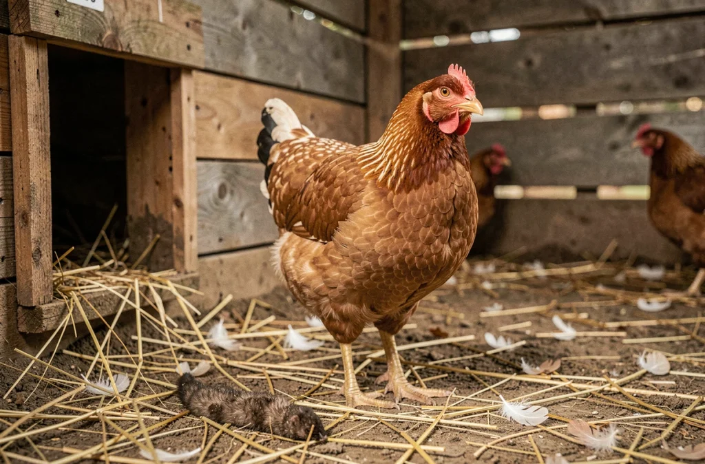Poule inquiète dans un poulailler rural avec des traces de passage de fouine sur le sol en paille