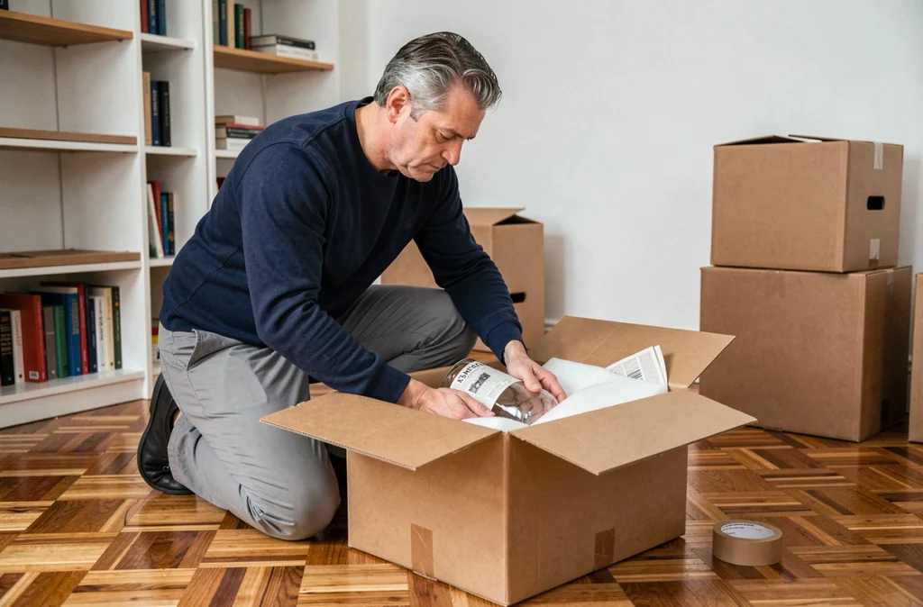 Homme plaçant un objet fragile emballé dans un carton de déménagement avec du rembourrage protecteur
