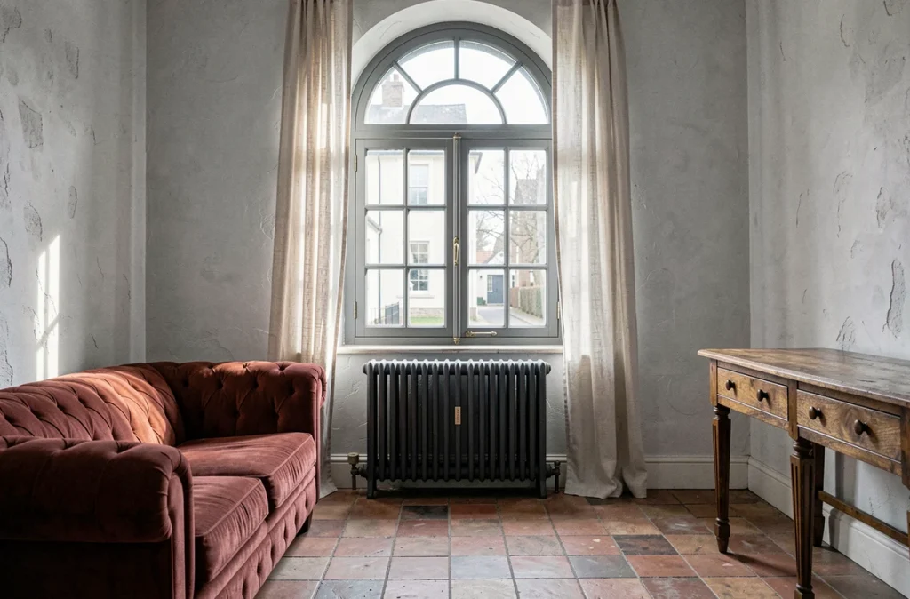Radiateur fonte colonne anthracite sous une fenêtre arquée dans un salon rénové aux murs en plâtre et carrelage tomettes