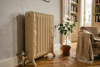 Radiateur en fonte décoratif ivoire avec panneaux floraux en relief dans un appartement haussmannien au parquet en chevrons