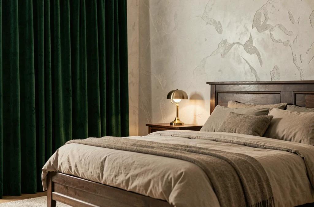 Chambre cosy avec rideaux en velours vert forêt créant une atmosphère intime et reposante