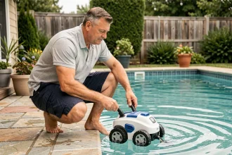 Homme entretenant un bassin familial avec un robot hydraulique de piscine au bord de l'eau dans un jardin pavillonnaire