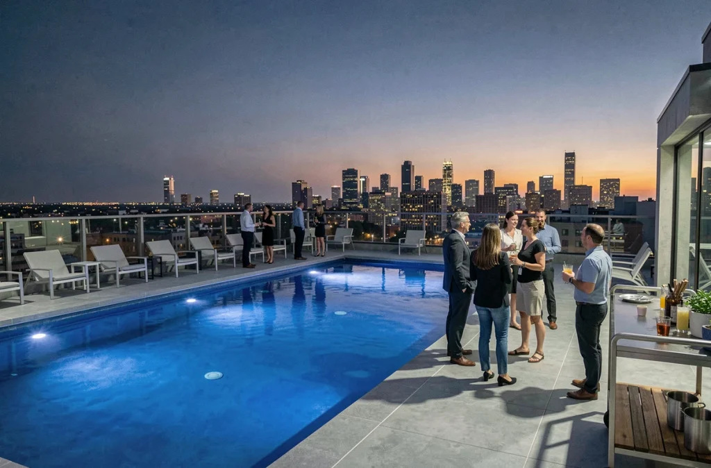 Piscine sur rooftop éclairée sous l'eau en milieu urbain au crépuscule avec des adultes en train de socialiser et skyline en arrière-plan