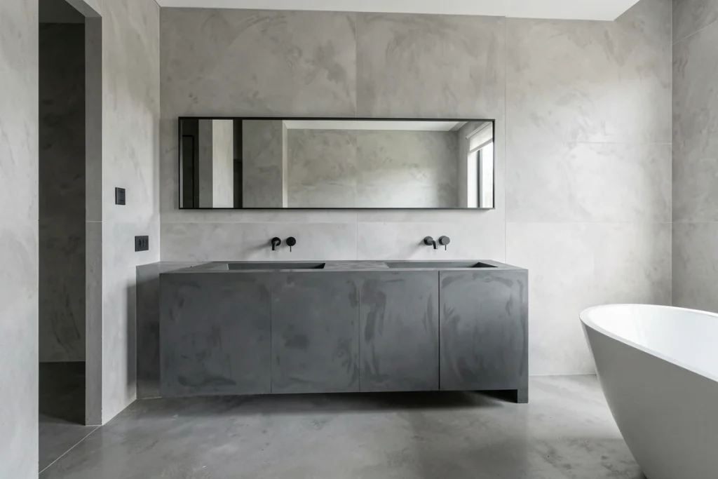 Salle de bain complète avec double meuble vasque en béton cellulaire enduit microcement gris anthracite et robinetterie noire mate