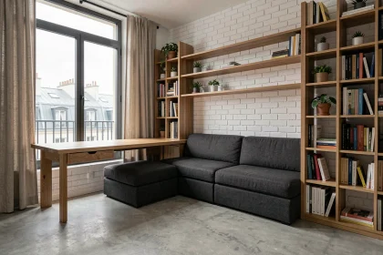 Studio urbain compact aménagé avec un canapé modulable et un bureau escamotable intégré dans une bibliothèque murale, appartement parisien moderne