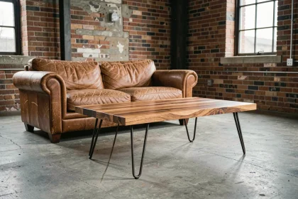 Table basse en teck massif avec pieds en acier brut dans un salon de loft industriel au sol béton et murs en briques apparentes