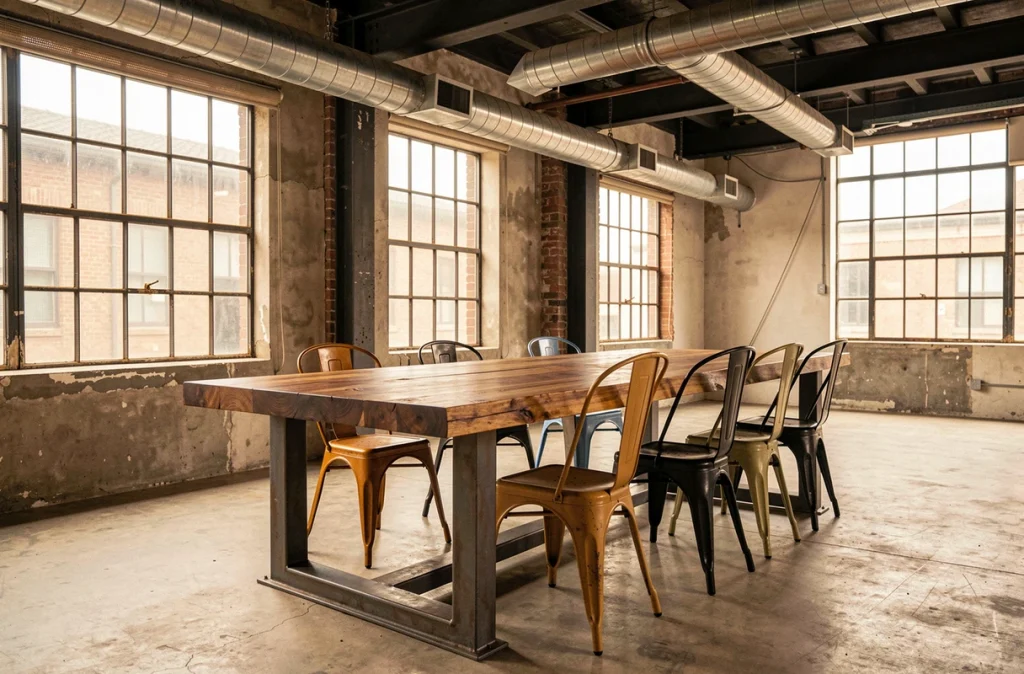 Table à manger en teck massif avec pieds en acier soudé dans un loft industriel avec fenêtres métalliques et plafond avec gaines apparentes