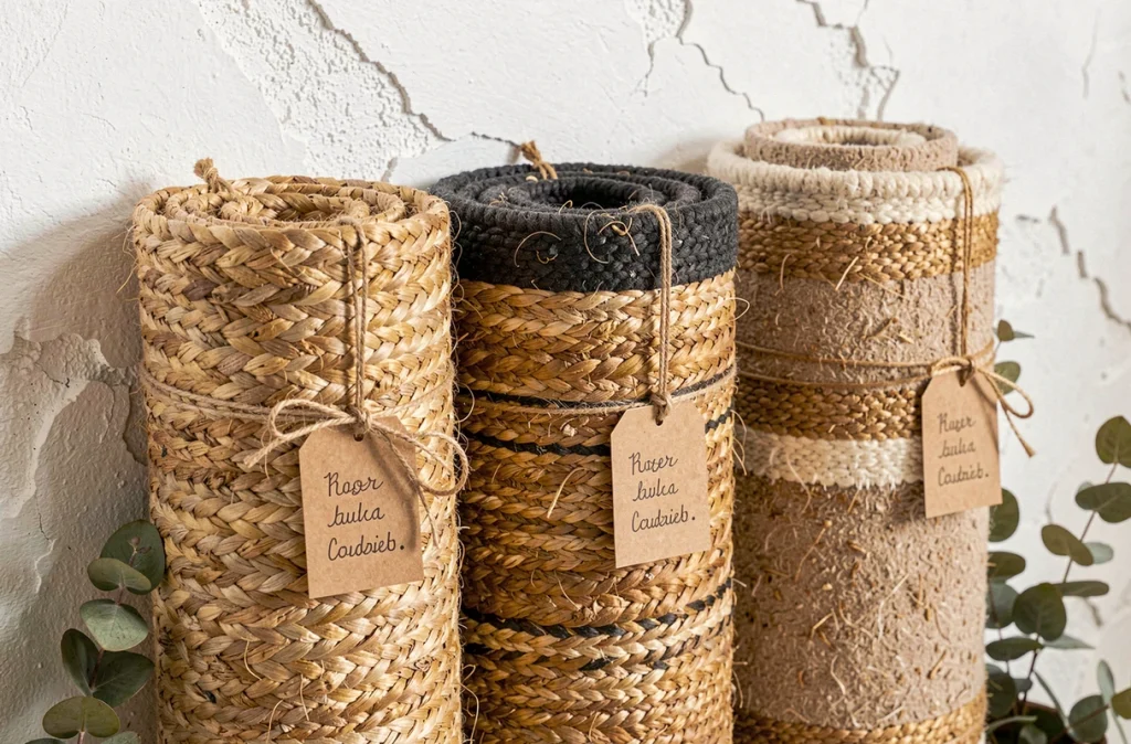 Trois tapis en fibres naturelles enroulés dans une boutique artisanale, présentant sisal, laine et coco