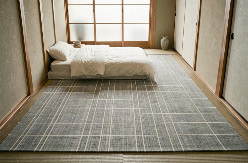 Tapis japonisant en fibres naturelles gris cendré dans une petite chambre minimaliste pour agrandir visuellement la pièce en longueur